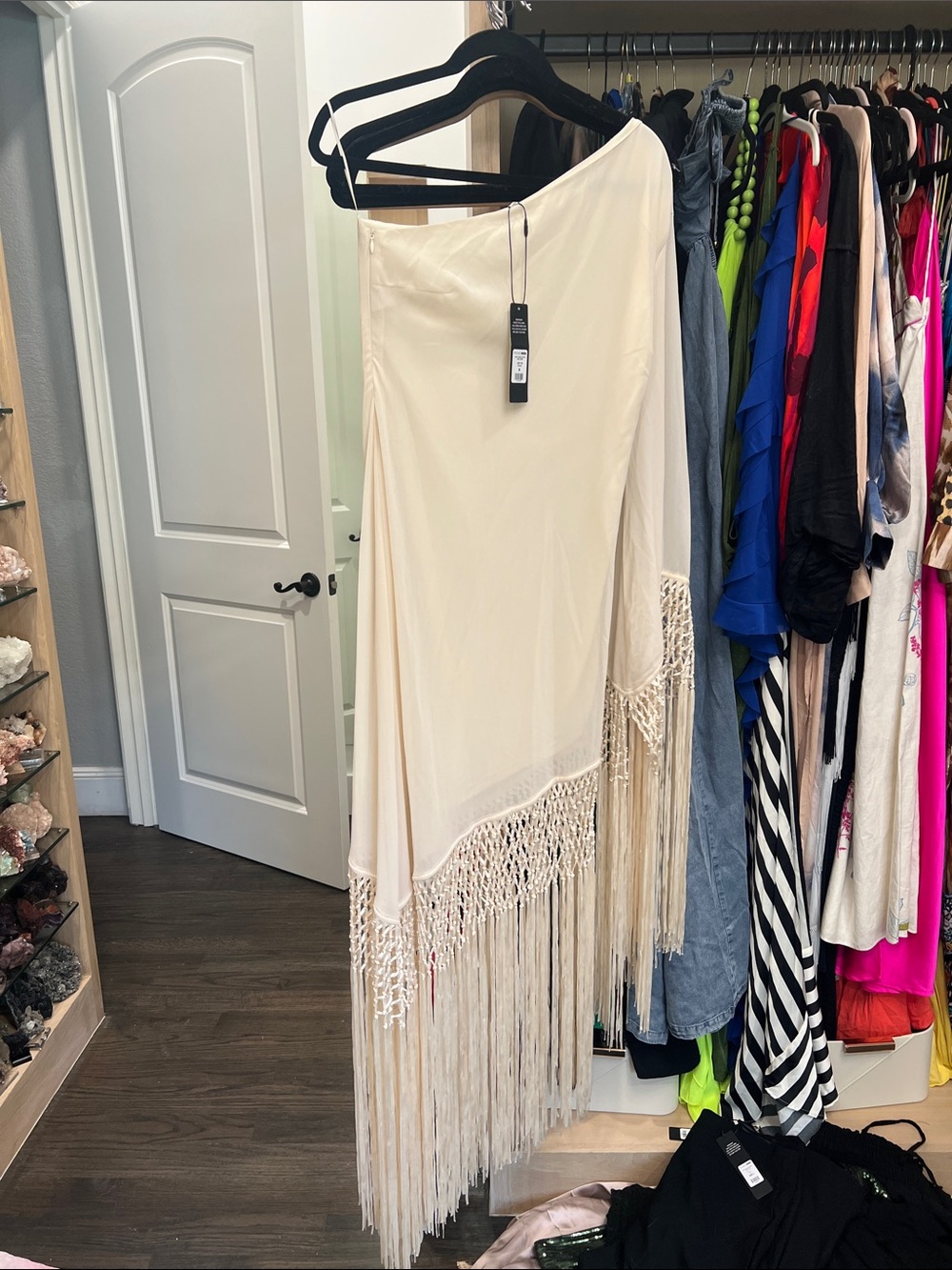 Fashion Nova Cream Asymmetrical Fringe Midi Skirt